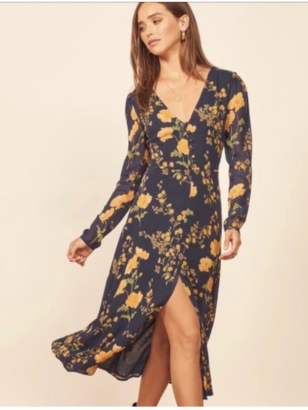 Reformation Floral Wrap Midi Dress - Navy & Yellow, size 6 runs small